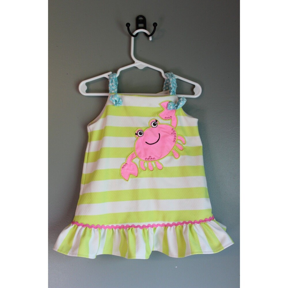 Rare Editions Baby Girl Summer Green White Pink Crab Dress 24M